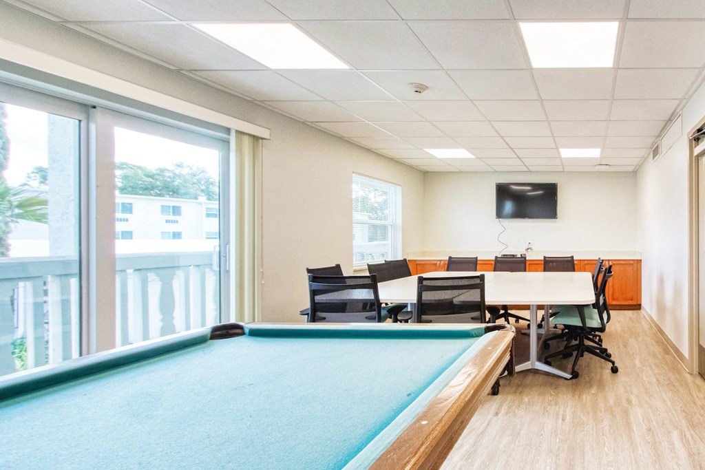 conference table and chairs with TV and pool table