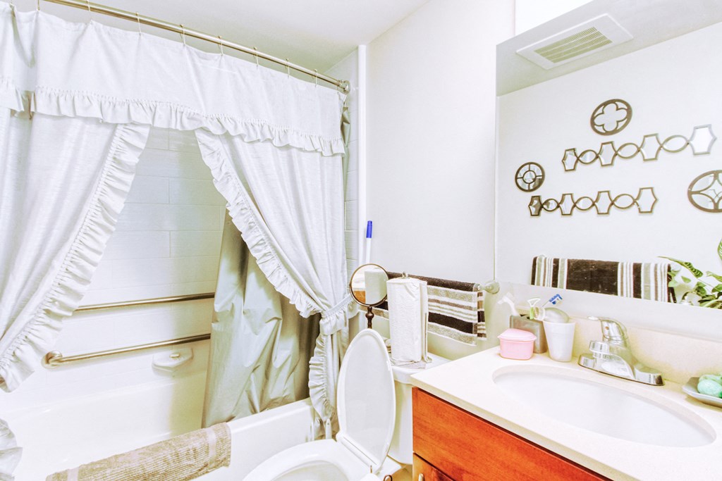bathroom with sink vanity, toilet, and tub/shower with grab bars