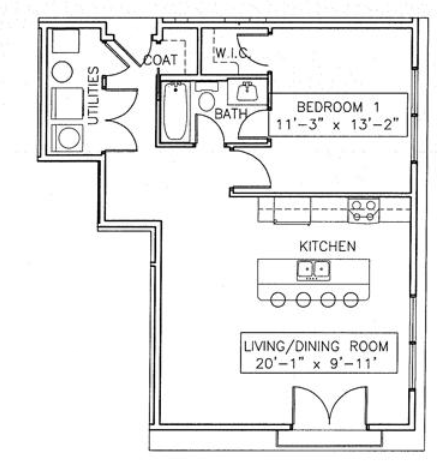 lower level floor plan of a small house with bedroom and kitchen