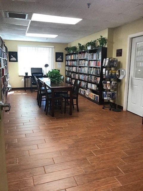 reading room with large bookcase full of books