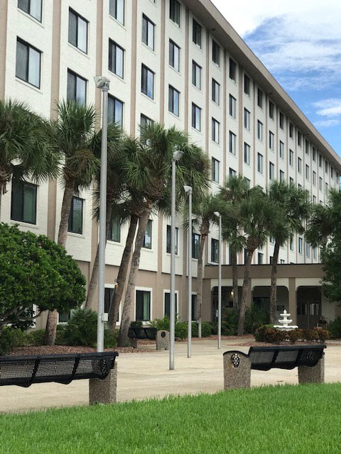 exterior of Central Manor with palm trees and benches out front