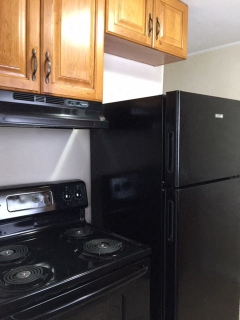 A black refrigerator and stove in a kitchen.