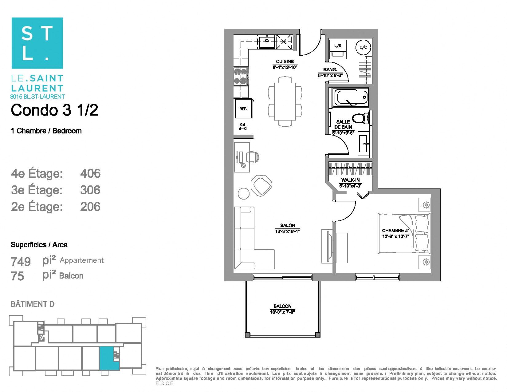 1 bedroom 1 bathroom apartment floor plan at Le Saint-Laurent Apartments in Brossard, QC