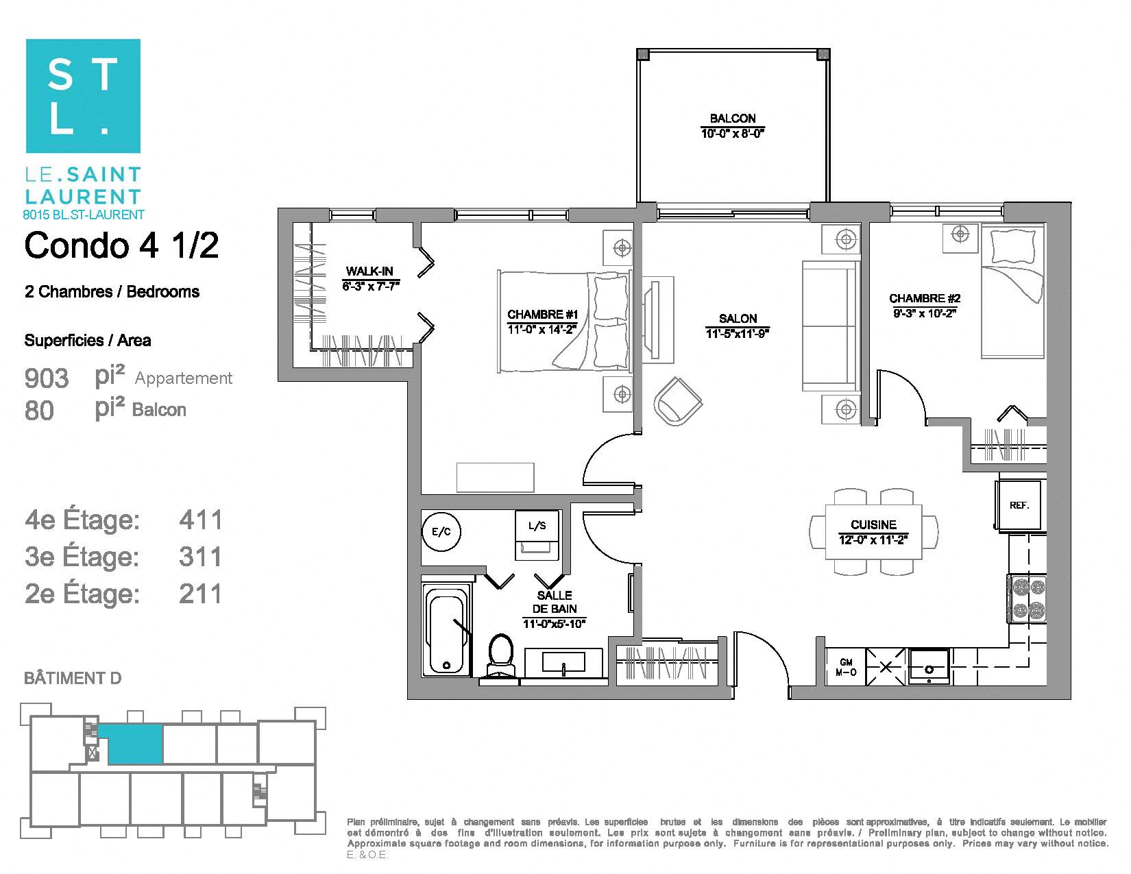 2 bedroom 1 bathroom apartment floor plan at Le Saint-Laurent Apartments in Brossard, QC