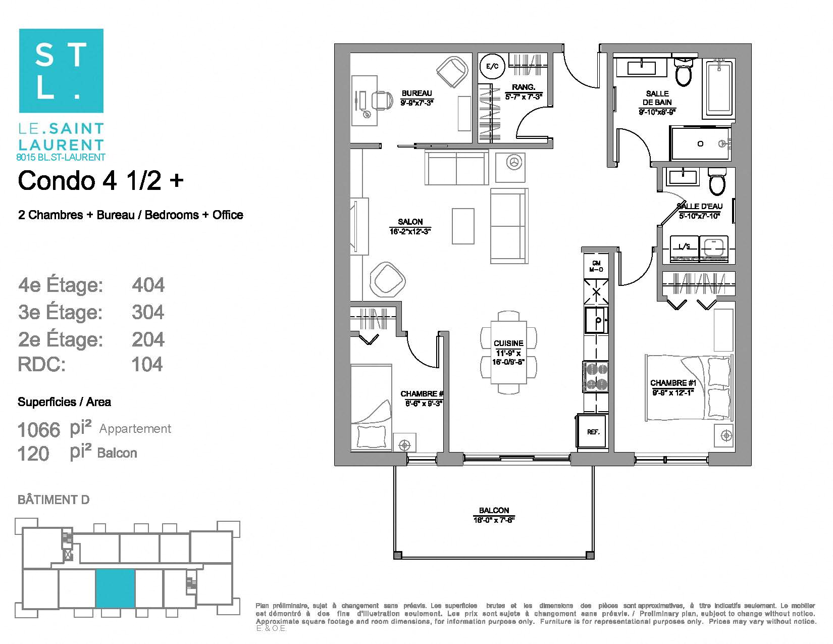 2 bedroom 2 bathroom apartment floor plan at Le Saint-Laurent Apartments in Brossard, QC