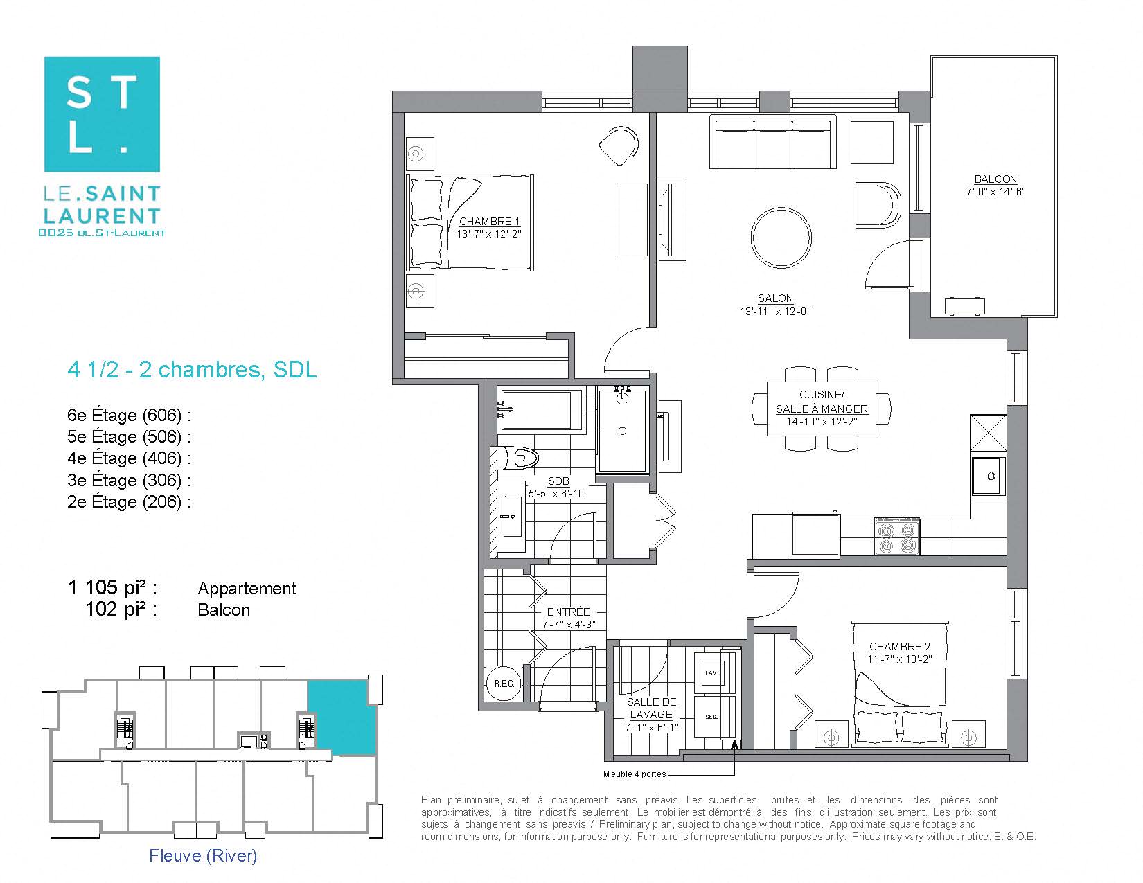 2 bedroom 1 bathroom apartment floor plan at Le Saint-Laurent Apartments in Brossard, QC