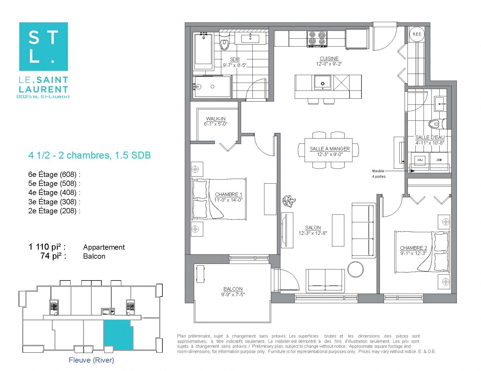 2 bedroom 2 bathroom apartment floor plan at Le Saint-Laurent Apartments in Brossard, QC