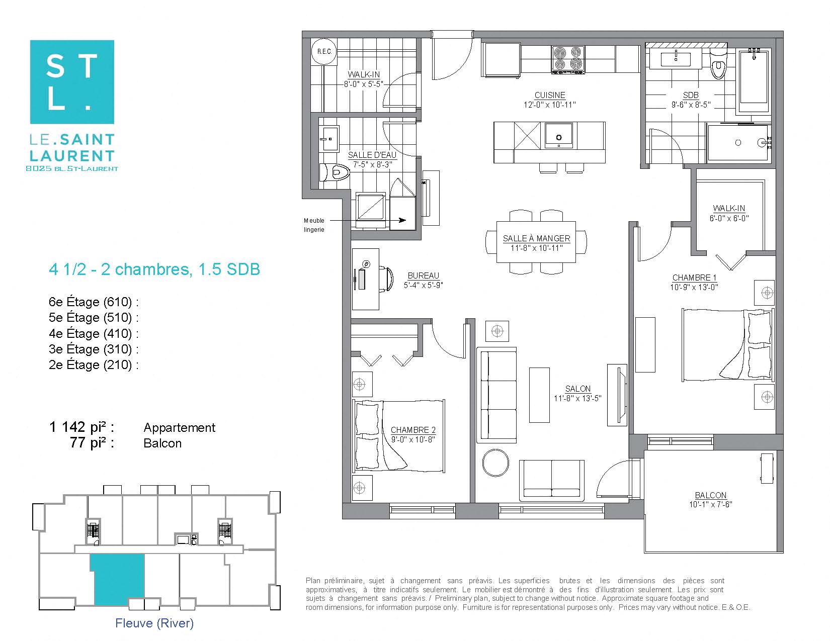 2 bedroom 2 bathroom apartment floor plan at Le Saint-Laurent Apartments in Brossard, QC