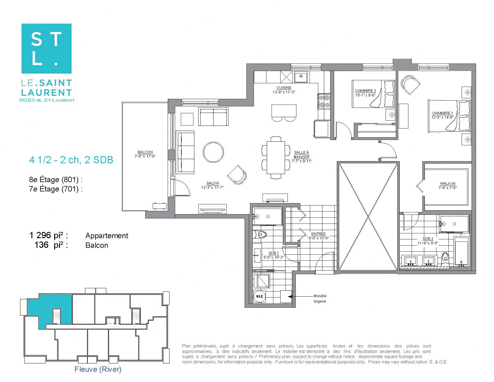2 bedroom 2 bathroom apartment floor plan at Le Saint-Laurent Apartments in Brossard, QC