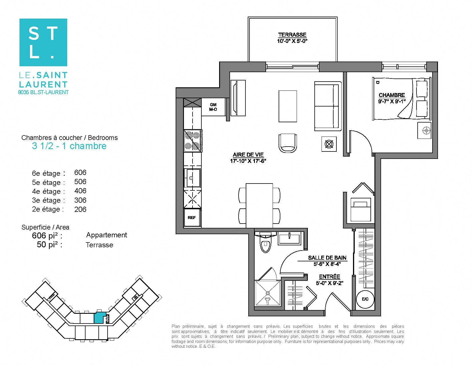 1 bedroom 1 bathroom apartment floor plan at Le Saint-Laurent Apartments