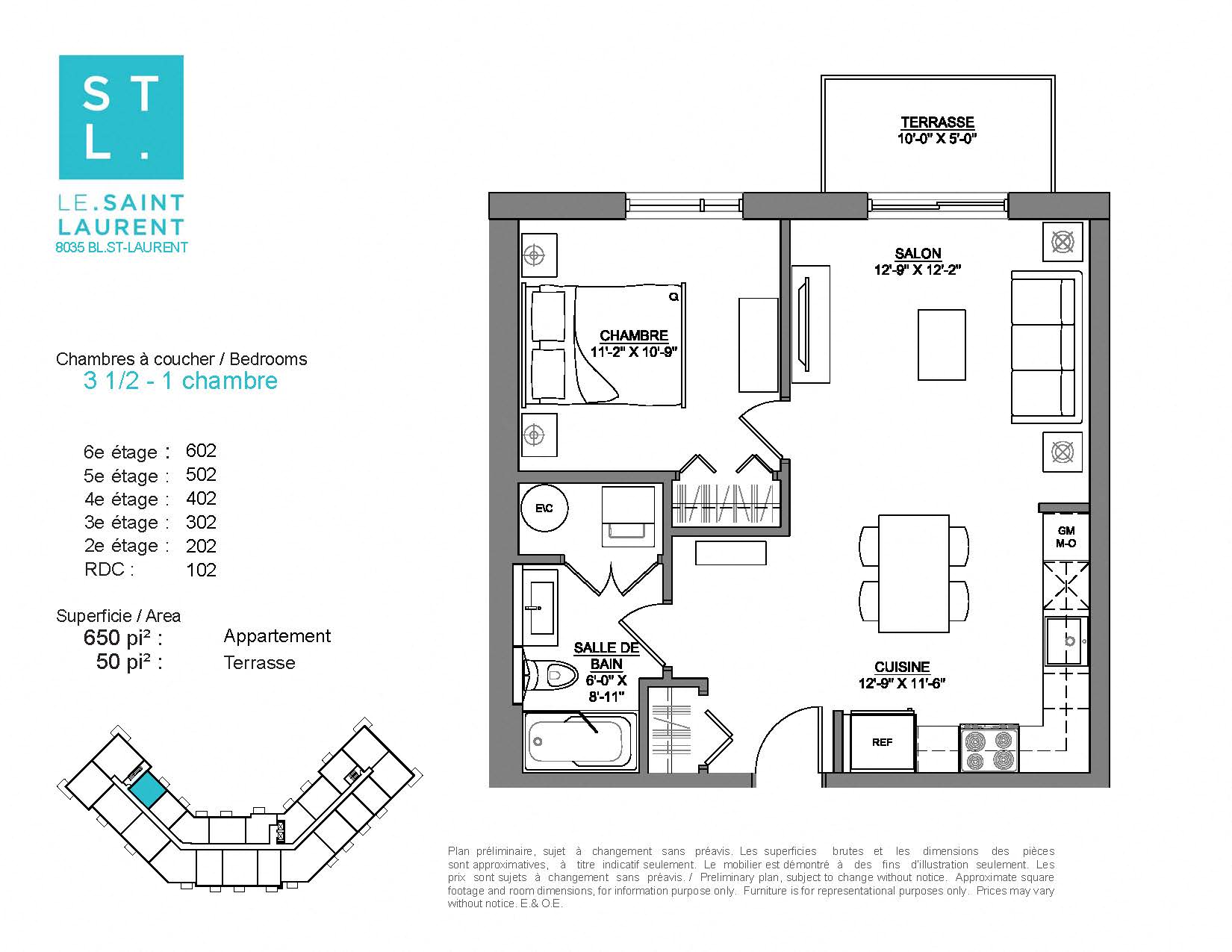1 bedroom 1 bathroom apartment floor plan at Le Saint-Laurent Apartments