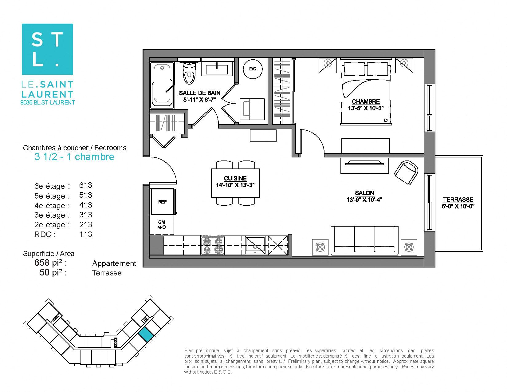 1 bedroom 1 bathroom apartment floor plan at Le Saint-Laurent Apartments