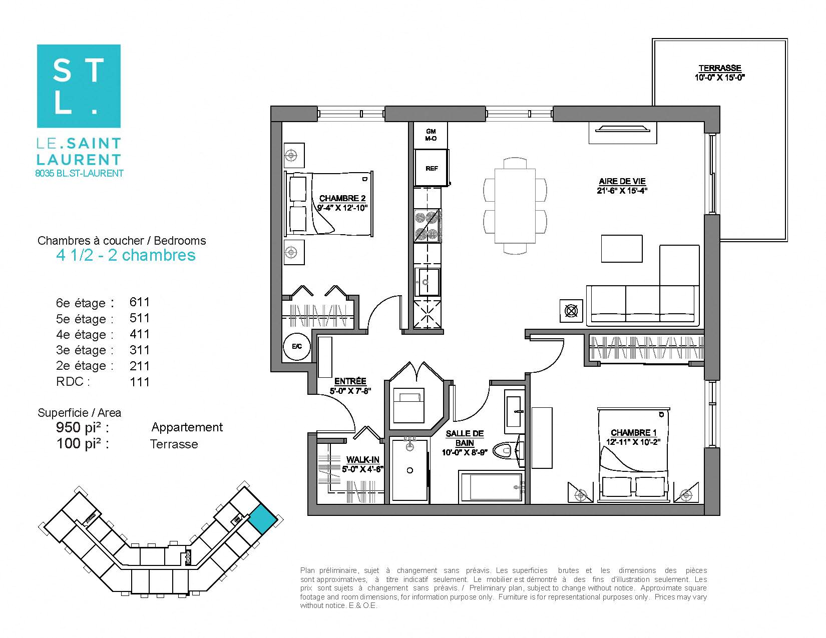 2 bedroom 1 bathroom apartment floor plan at Le Saint-Laurent Apartments