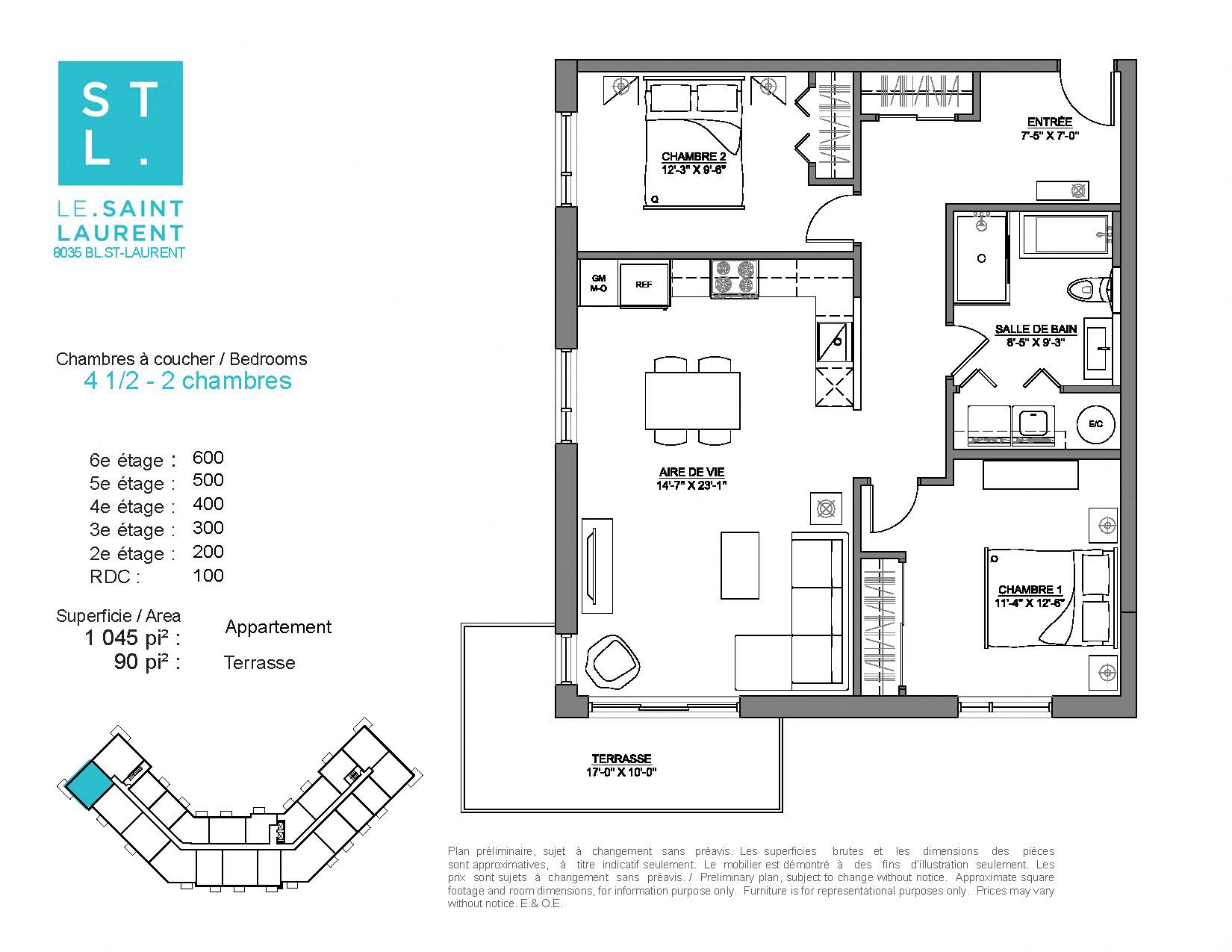 2 bedroom 1 bathroom apartment floor plan at Le Saint-Laurent Apartments