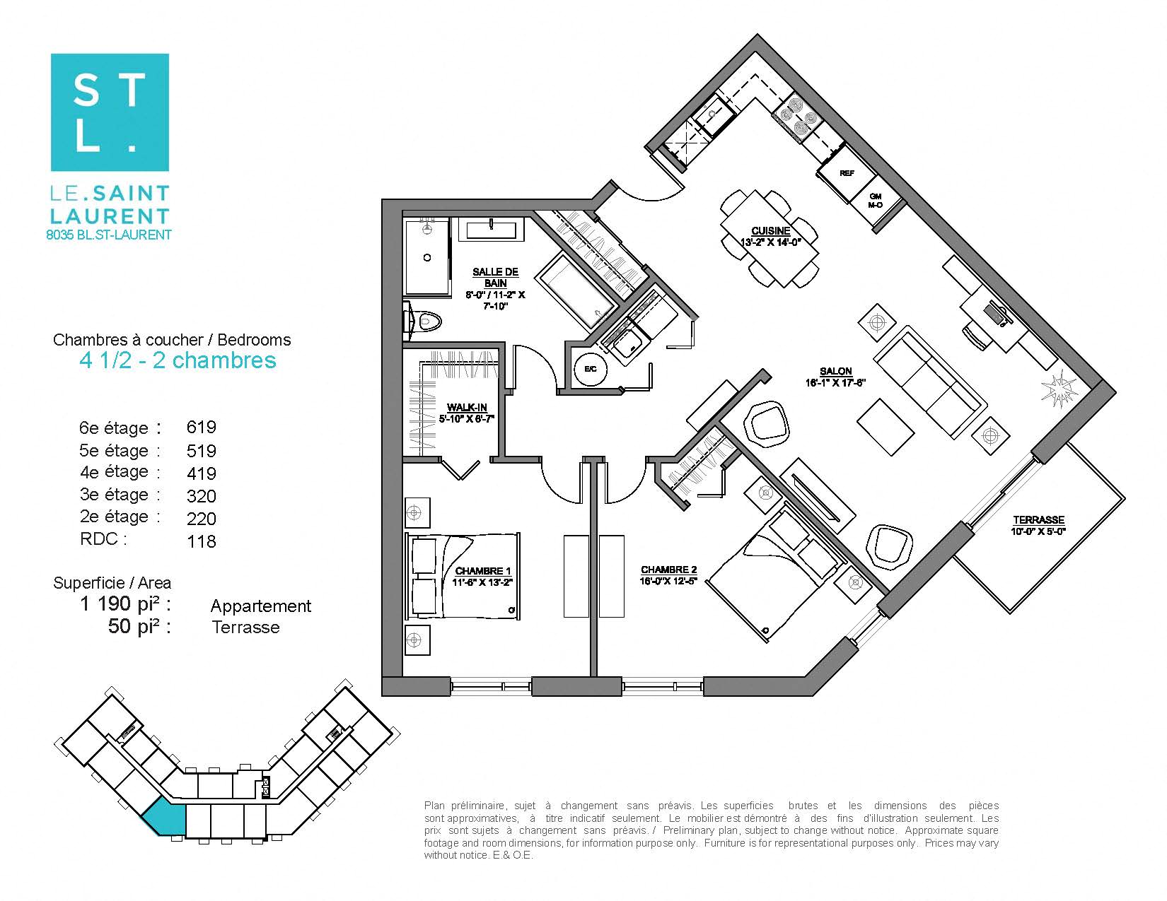 2 bedroom 1 bathroom apartment floor plan at Le Saint-Laurent Apartments