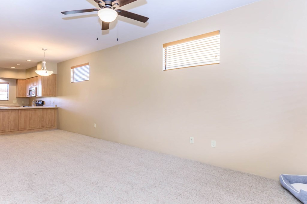 A room with a ceiling fan and a window with blinds.