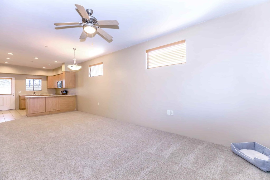 A spacious room with a ceiling fan and a carpeted floor.