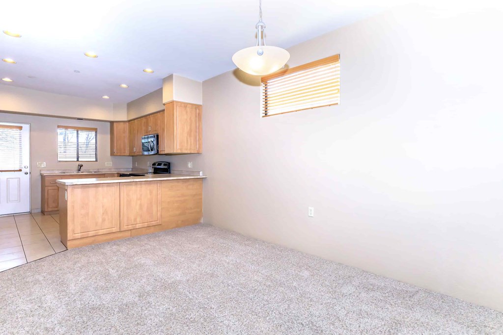A kitchen with a wooden counter and cabinets.