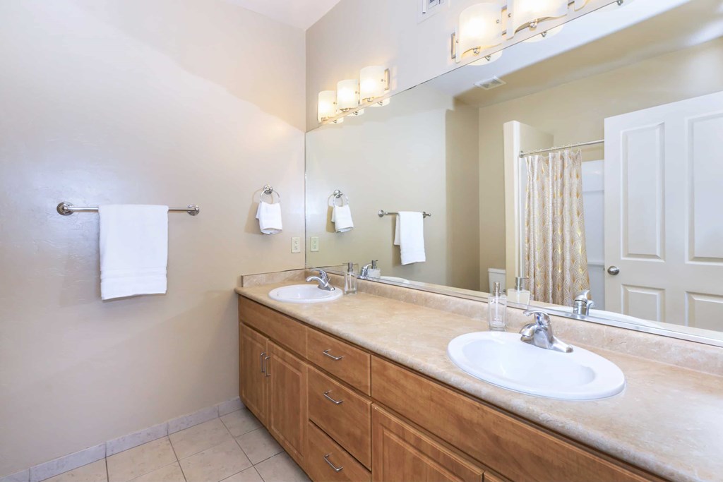 A bathroom with a double sink and a large mirror.