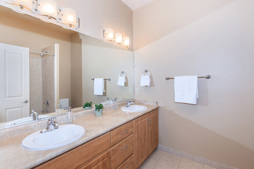 A bathroom with a double sink vanity and a mirror above it.