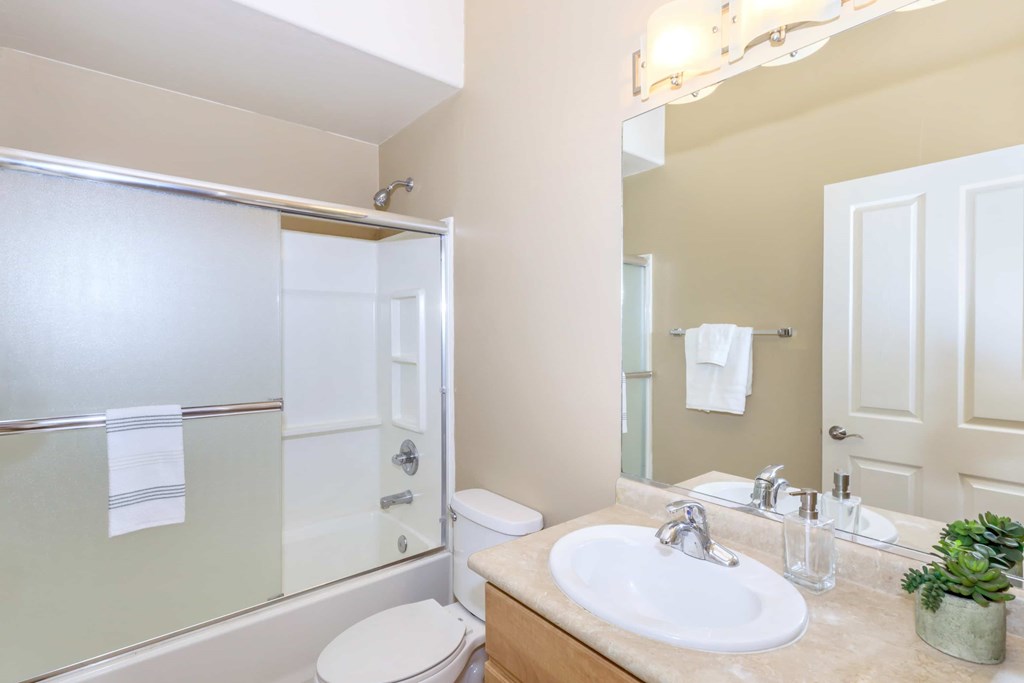 A bathroom with a toilet, sink, and mirror.