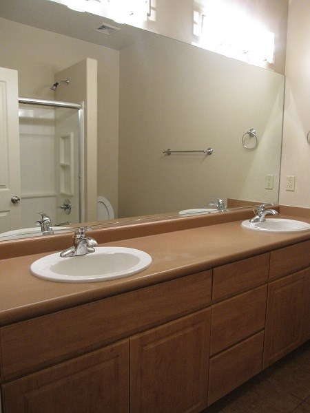 a bathroom with two sinks and a large mirror