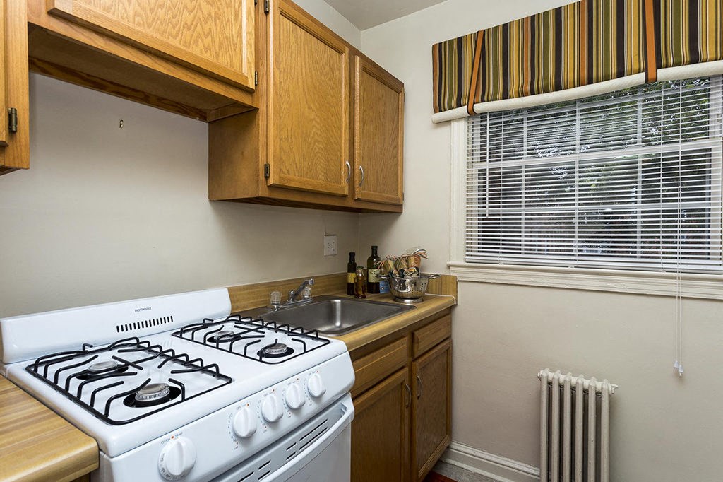 a kitchen with a stove and a sink