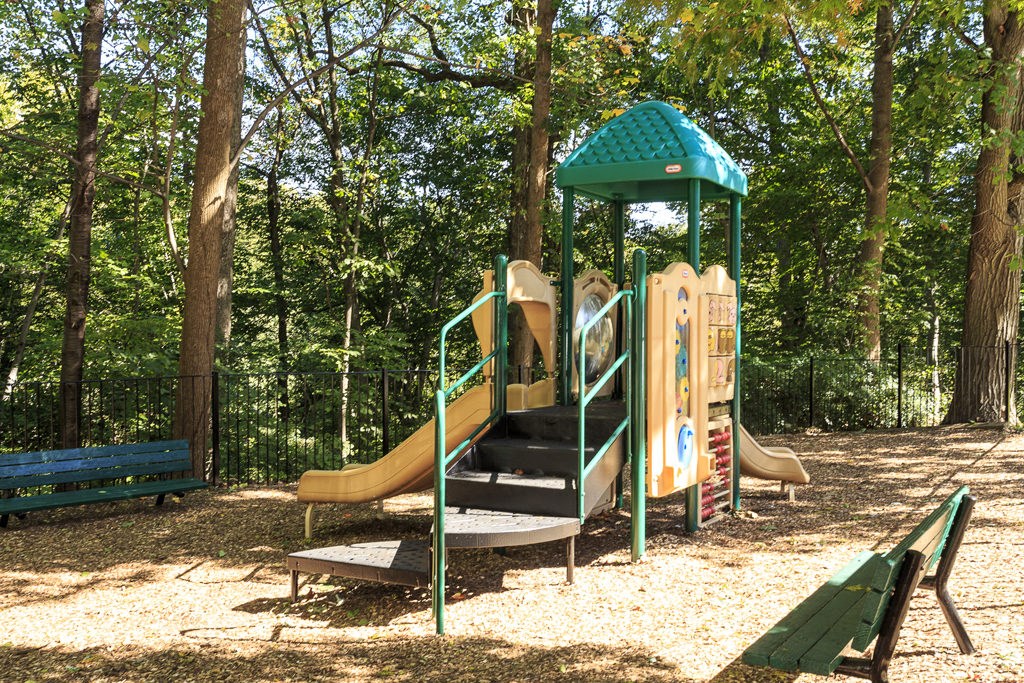 a playground with a slide and benches in a park