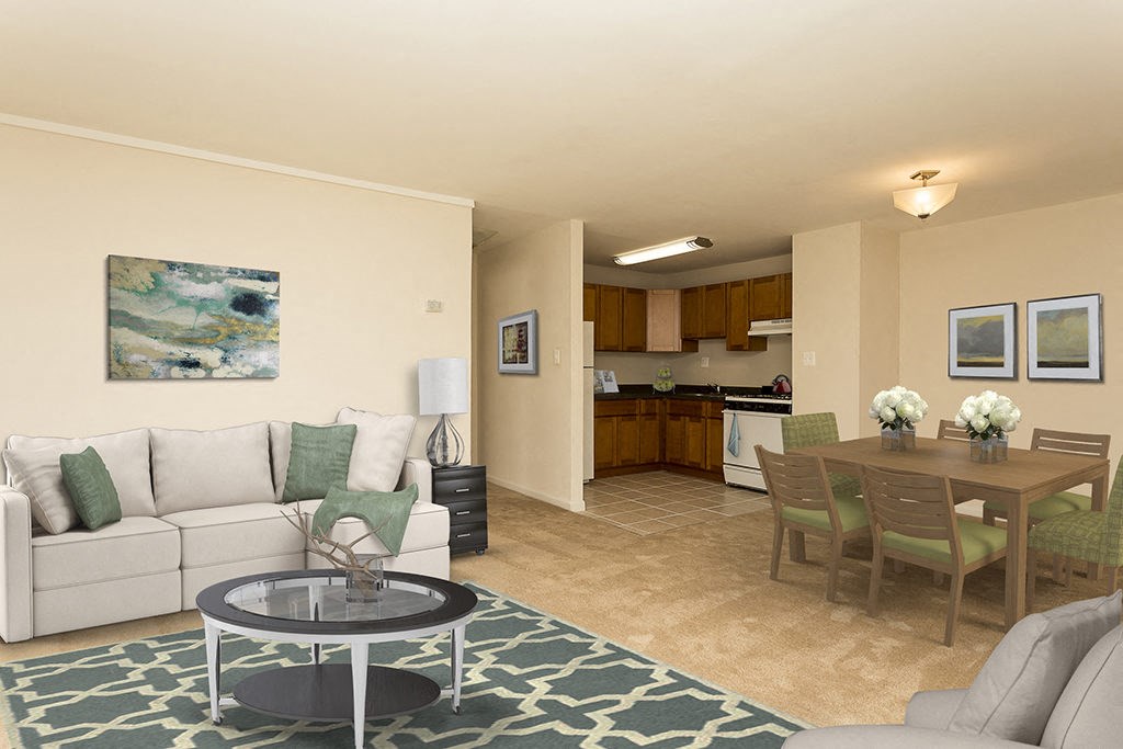 a living room with a couch and a table