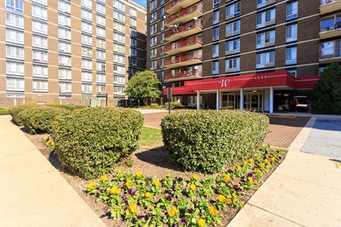 a park in front of a building with bushes and flowers