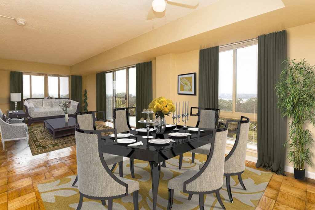 a dining room with a table and chairs