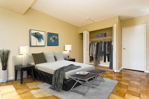 a bedroom with a bed and a closet