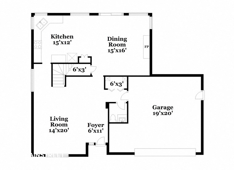 a floor plan of a home with a small kitchen and a living room