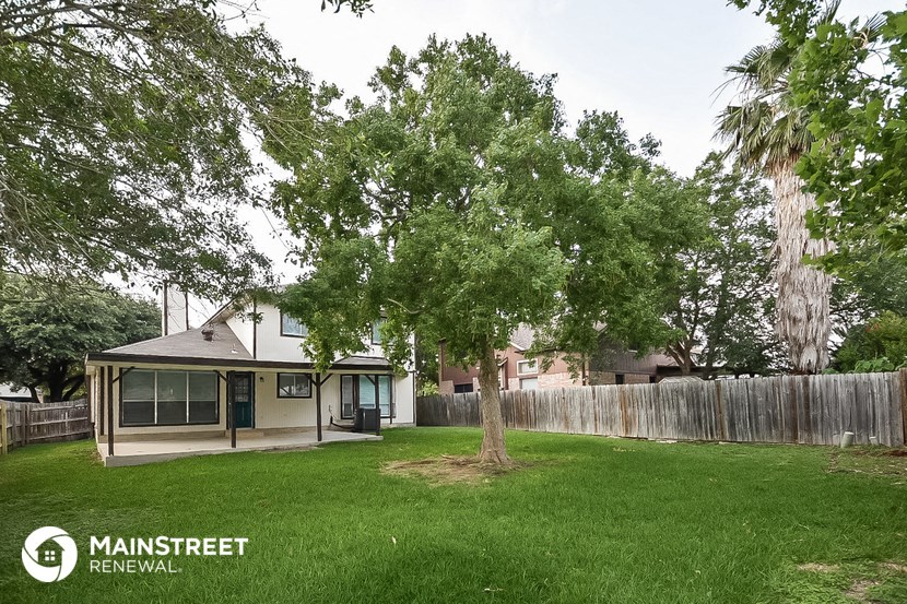a backyard with a tree and a house