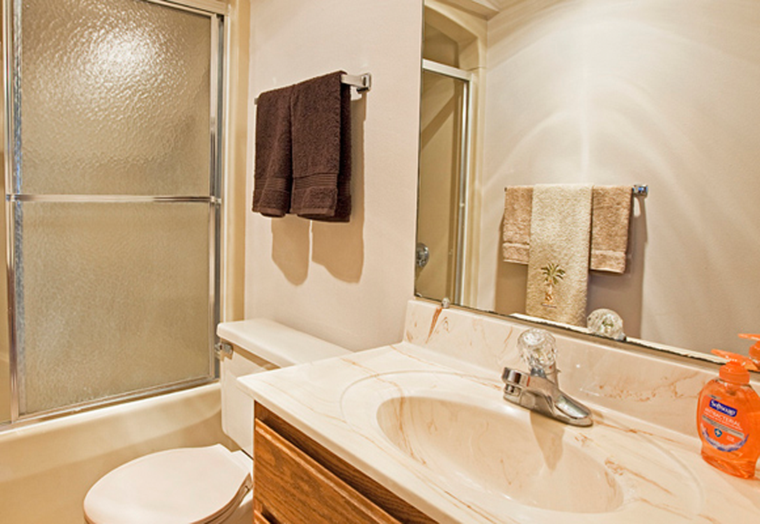 a bathroom with a sink and a shower and a toilet