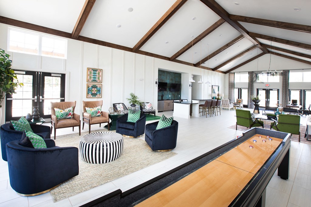 a large living room with furniture and a shuffleboard
