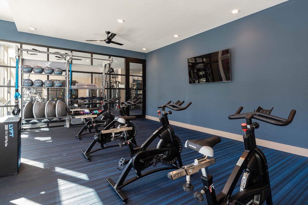 a gym with exercise bikes and a tv