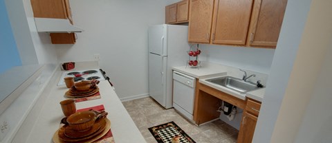 a kitchen with a white refrigerator and a sink