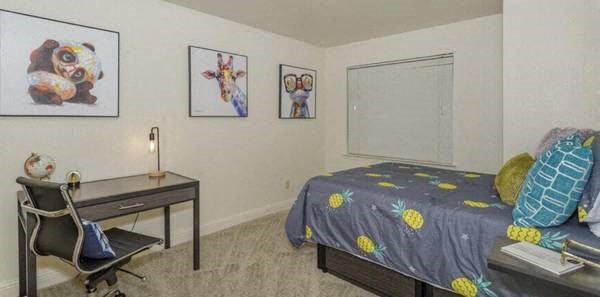 a bedroom with a bed and a desk