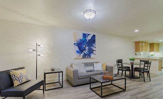 a living room with a couch and a table