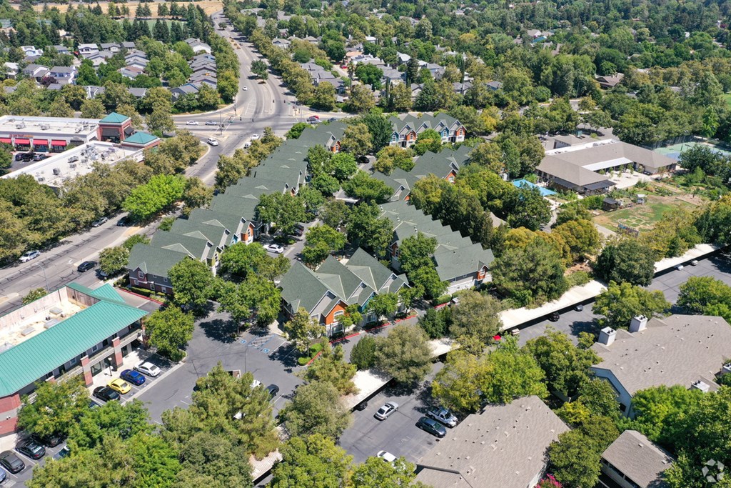 an aerial view of a neighborhood with houses and trees