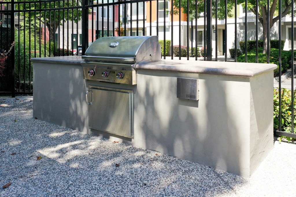 a stainless steel barbecue grill and a counter with two stainless steel ovens