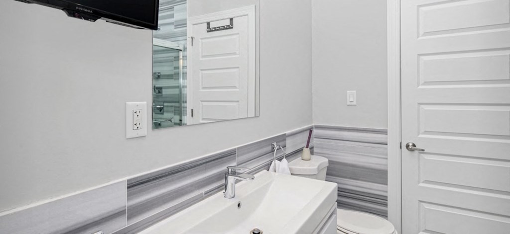 a bathroom with a sink and a mirror and a toilet