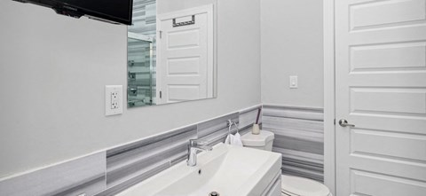 a bathroom with a sink and a mirror and a toilet