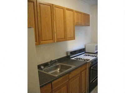 a kitchen with a sink and stove and wooden cabinets