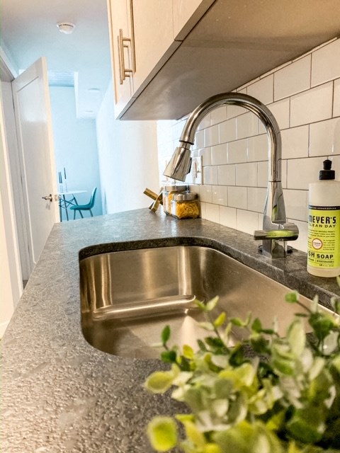 a kitchen sink with a plant in front of it