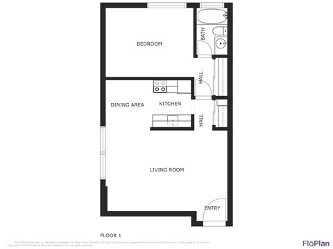 A black and white image of a floor plan for a one bedroom apartment.