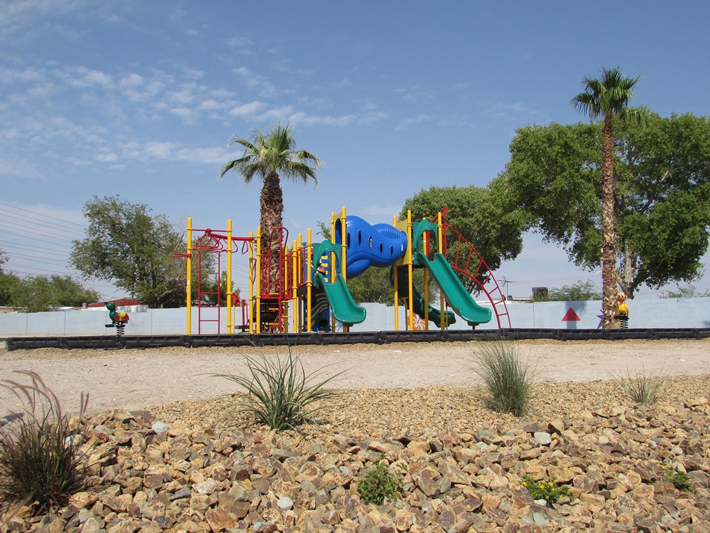 a playground in the middle of a dirt field with palm trees in the background