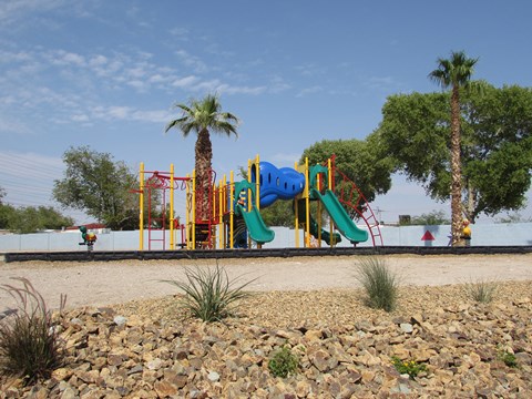 a playground in the middle of a dirt field with palm trees in the background