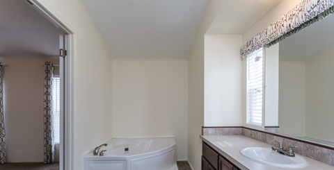 a bathroom with a tub and a sink and a mirror
